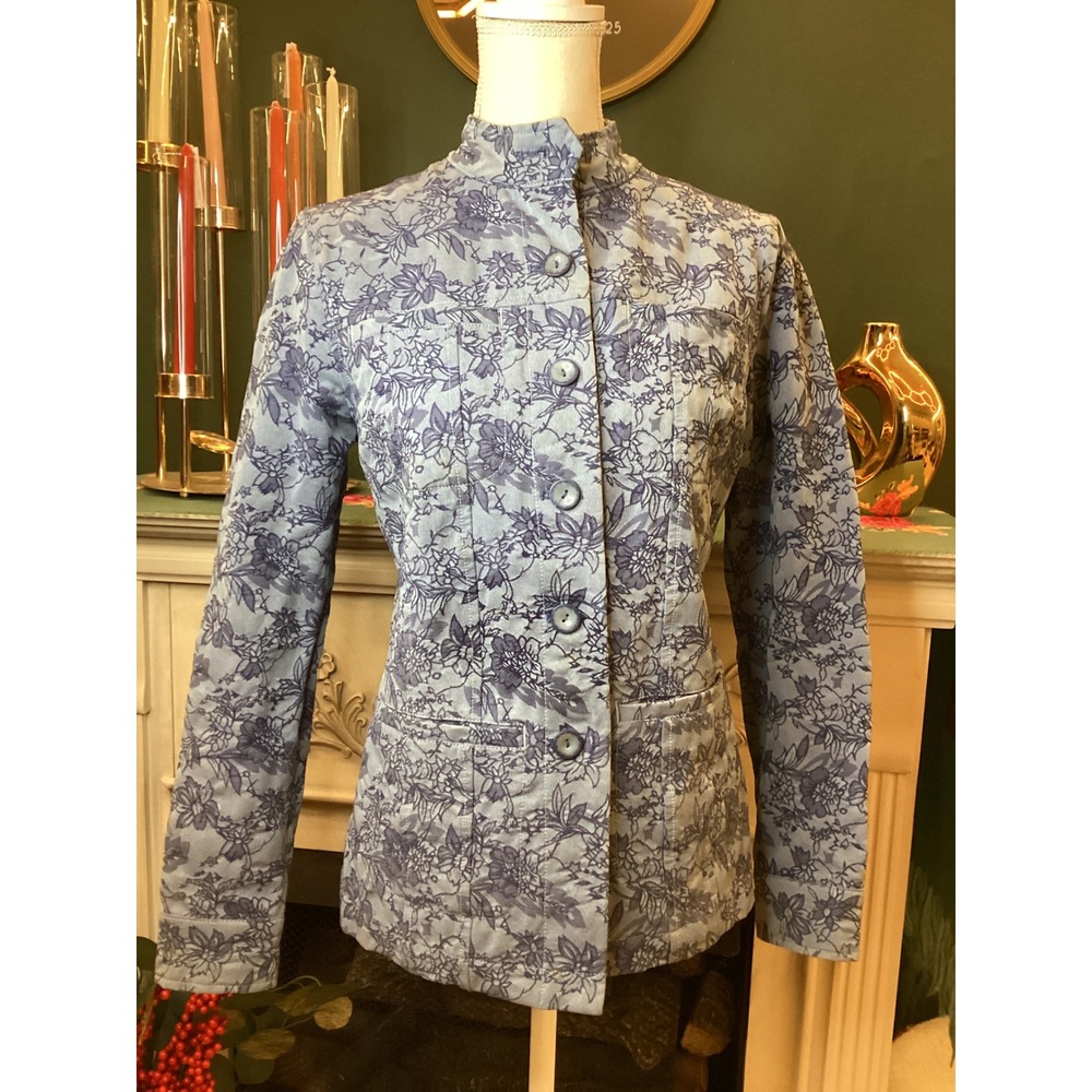 Rebecca Malone Blue Floral Print Button Up Jacket Women's Size S Mandarin Collar
